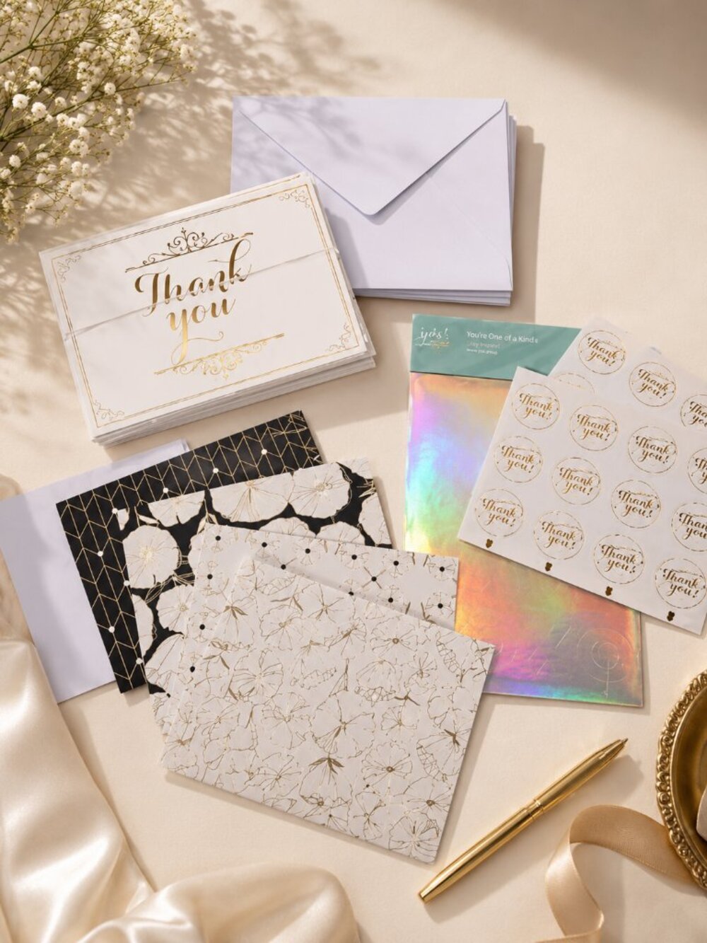 New elegant simple 28 Pc Set Gold White cream Thank You Card Envelope Stickers